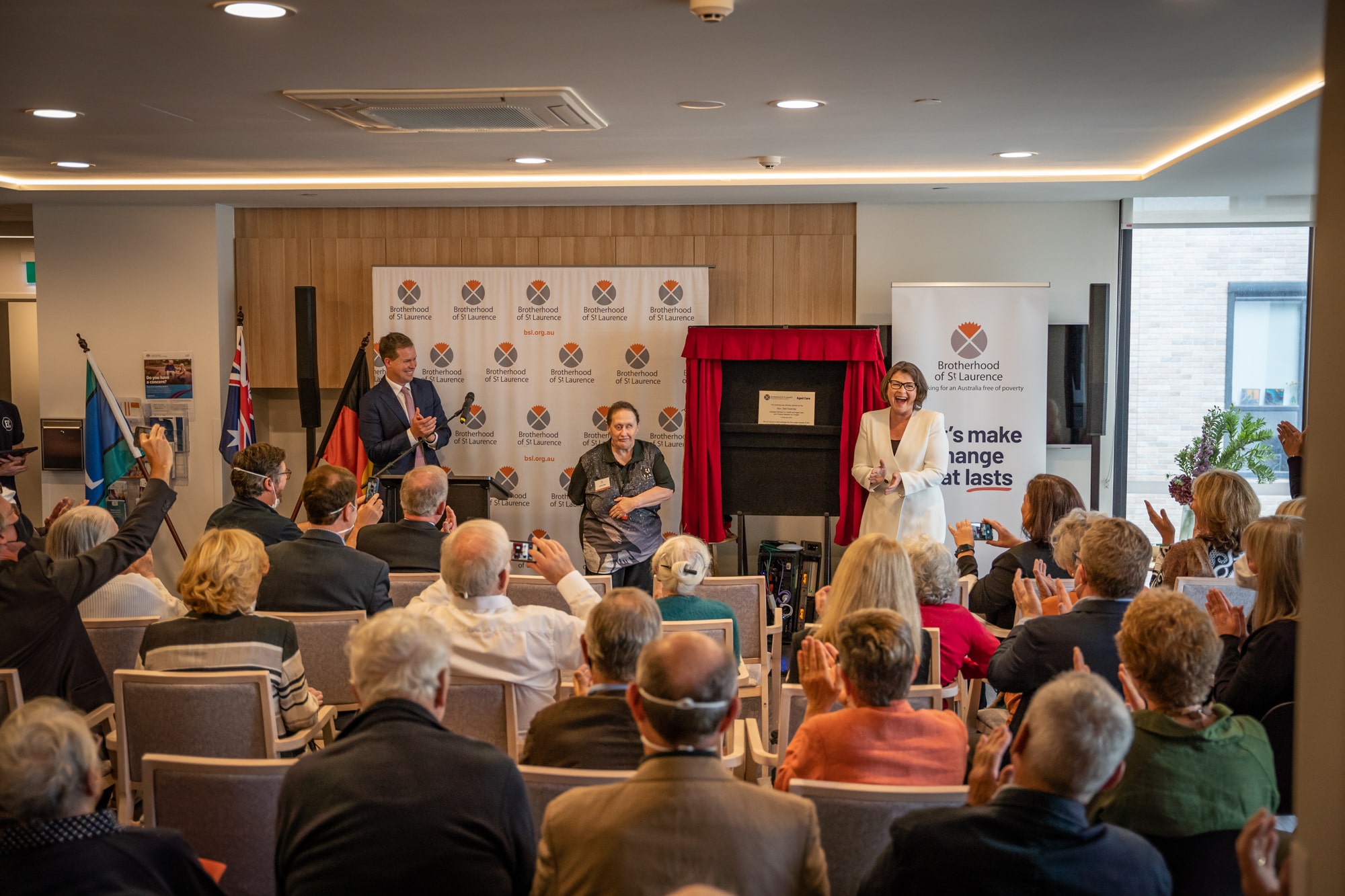 Addressing staff and residents at the launch were left to right: BSL Executive Director Travers McLeod, resident Janine Sells and The Hon Ged Kearney, Assistant Minister for Health, and Aged Care